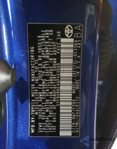 2016 Toyota Corolla L z USA, uszkodzony, nr VIN 5YFBURHE4GP443060